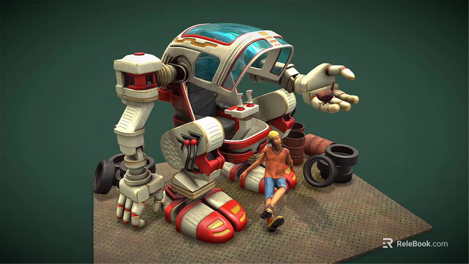Smart Machine Robot With Blue Canopy Red White Body Mechanical Arms Person Sitting And Tires 3d model 