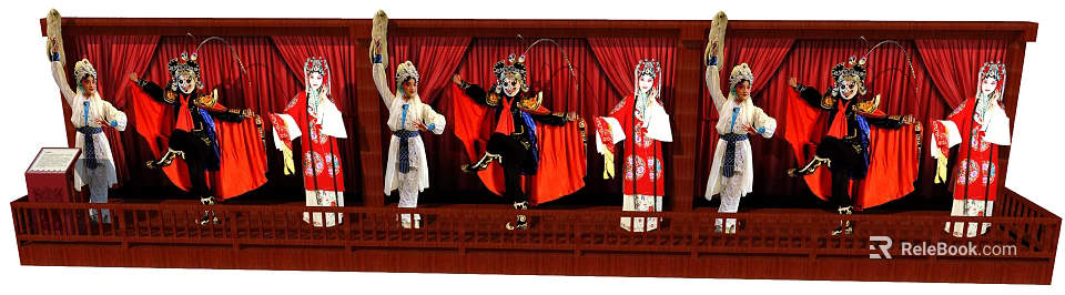 Traditional Chinese Opera Performers In Colorful Costumes Dancing On Stage With Red Curtain 3d model 