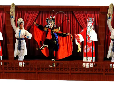 Traditional Chinese Opera Performers In Colorful Costumes Dancing On Stage With Red Curtain 3d model
