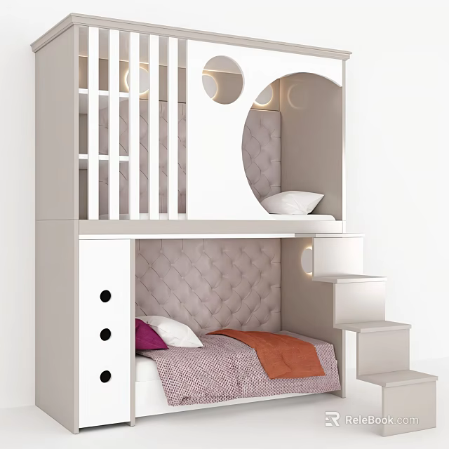 Modern Bunk Bed with White Light Gray Design Staircase and Purple Orange Bedding 3d model 
