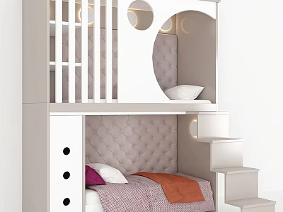 Modern Bunk Bed with White Light Gray Design Staircase and Purple Orange Bedding 3d model