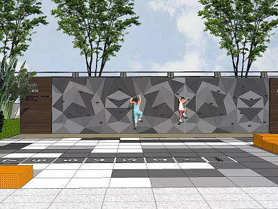 Children's Play Area Featuring Climbing Wall Kids Playing On Black White Checkerboard Floor With Trees 3d model