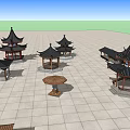 Traditional Chinese Architectural Models Including Pavilions Corridors On Square Tile Ground