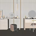 Elegant Modern Dressing Tables With Round Mirrors Storage Cabinets Stools And Wall Paneling 3d model