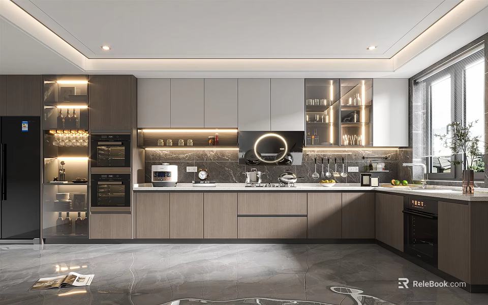 Modern Kitchen Interior Design With Gray Cabinets Island Countertop And Built-in Appliances 3d model 