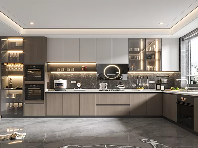 Modern Kitchen Interior Design With Gray Cabinets Island Countertop And Built-in Appliances 3d model