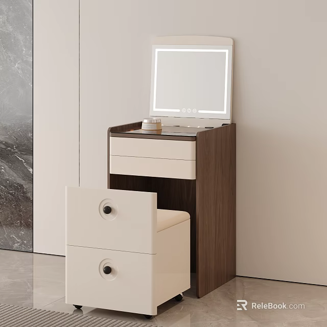 Modern Vanity Table Interior With Lighted Mirror Walnut And White Drawers And Stool 3d model
