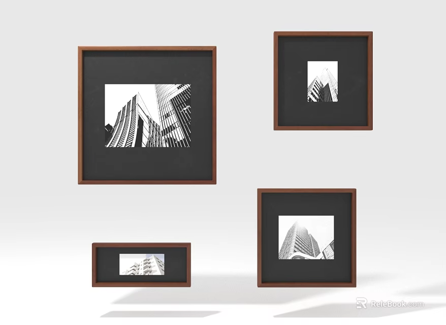 Black and White Architecture Photos in Wooden Frames of Various Sizes Arranged on White Background 3d model 
