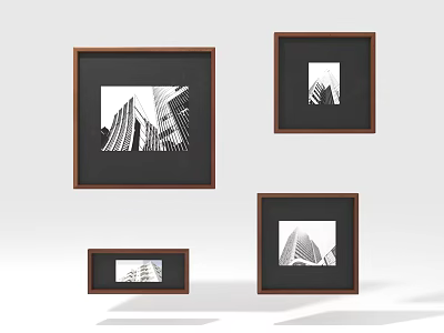 Black and White Architecture Photos in Wooden Frames of Various Sizes Arranged on White Background 3d model
