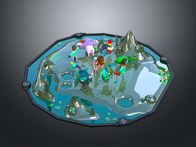 Futuristic Sci-Fi Scene Featuring Circular Platform Water Islands Rocky Mountains And Colorful Characters 3d model