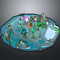 Futuristic Sci-Fi Scene Featuring Circular Platform Water Islands Rocky Mountains And Colorful Characters