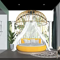 Tropical Hotel Room With Round Rattan Canopy Bed White Curtains Green Plants And Wicker Chair