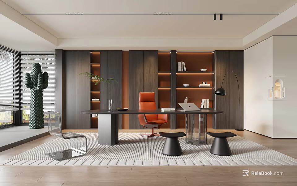 Modern Study Room Interior Design With Spacious Desk Orange Chair And Wooden Bookshelves 3d model 