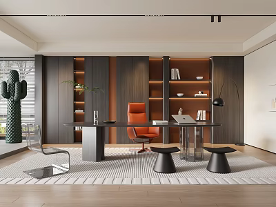 Modern Study Room Interior Design With Spacious Desk Orange Chair And Wooden Bookshelves 3d model
