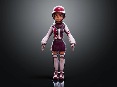 3D Cartoon Character Wearing Red Helmet Striped Sleeves Skirt Long Socks And Shoes 3d model