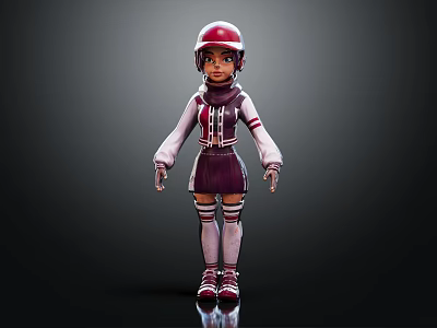 3D Cartoon Character Wearing Red Helmet Striped Sleeves Skirt Long Socks And Shoes 3d model