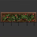 Wooden Planter With Metal Accents Featuring Green Plants And Red Flowers