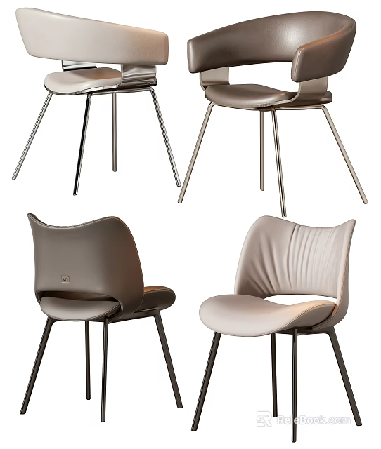Elegant Modern Single Chair In Beige Grey Leather With Metal Legs Curved Backrest 3d model 