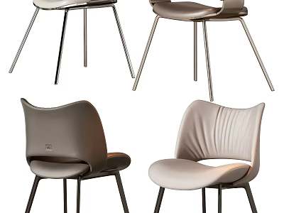 Elegant Modern Single Chair In Beige Grey Leather With Metal Legs Curved Backrest 3d model