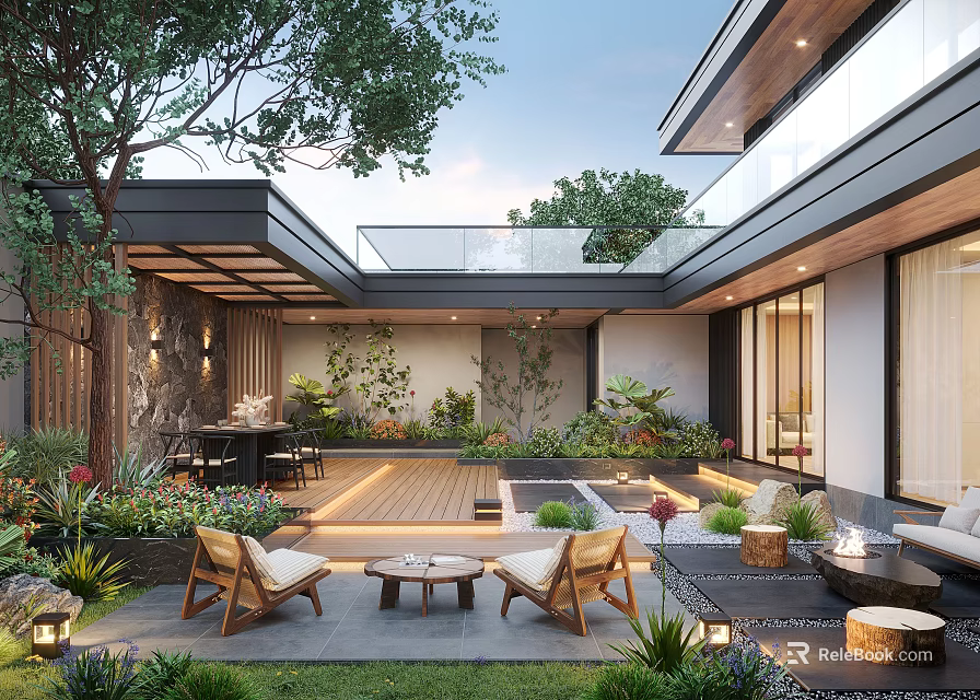 Modern Garden Design With Outdoor Seating Lush Plants And Ambient Lighting 3d model 
