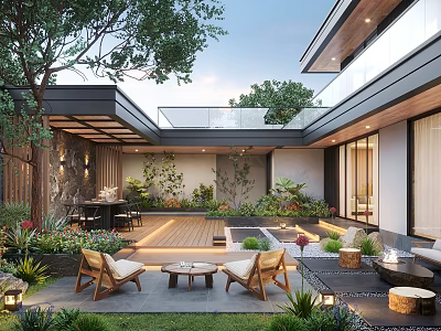 Modern Garden Design With Outdoor Seating Lush Plants And Ambient Lighting 3d model