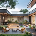 Modern Garden Design With Outdoor Seating Lush Plants And Ambient Lighting
