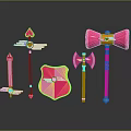 Pink Decorative Weapons Collection With Heart Design Shield Axe And Staff 3d model