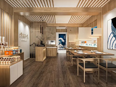 Wooden Restaurant Interior With Dining Tables Chairs Pendant Lights Decorative Painting And Display Shelves 3d model
