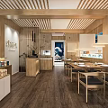 Wooden Restaurant Interior With Dining Tables Chairs Pendant Lights Decorative Painting And Display Shelves