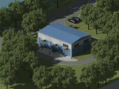 Industrial Factory Building With Blue Roof Surrounded By Green Trees And Parking Area Near Road 3d model