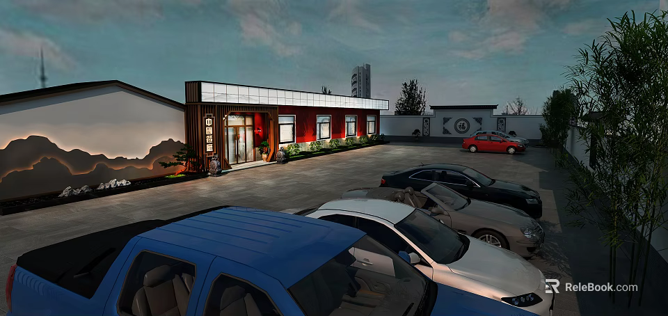 Garden Landscape With Modern Building Red Walls Wooden Structure Trees And Parking Lot 3d model 