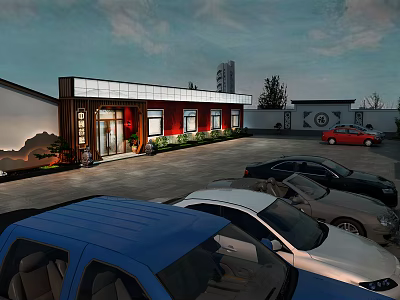Garden Landscape With Modern Building Red Walls Wooden Structure Trees And Parking Lot 3d model