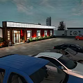 Garden Landscape With Modern Building Red Walls Wooden Structure Trees And Parking Lot