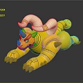 Yellow horned creature with green eyes and golden decorated body lying on dark surface 3d model