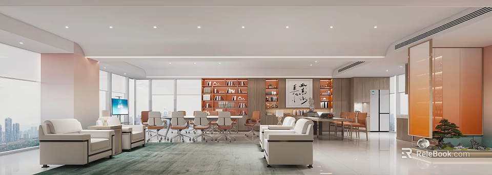 Modern Office Interior Design With Open Layout Bookshelves Meeting Tables Sofa And Large Windows 3d model 