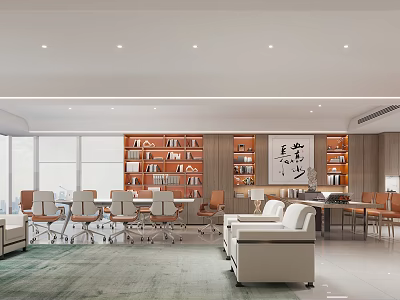 Modern Office Interior Design With Open Layout Bookshelves Meeting Tables Sofa And Large Windows 3d model
