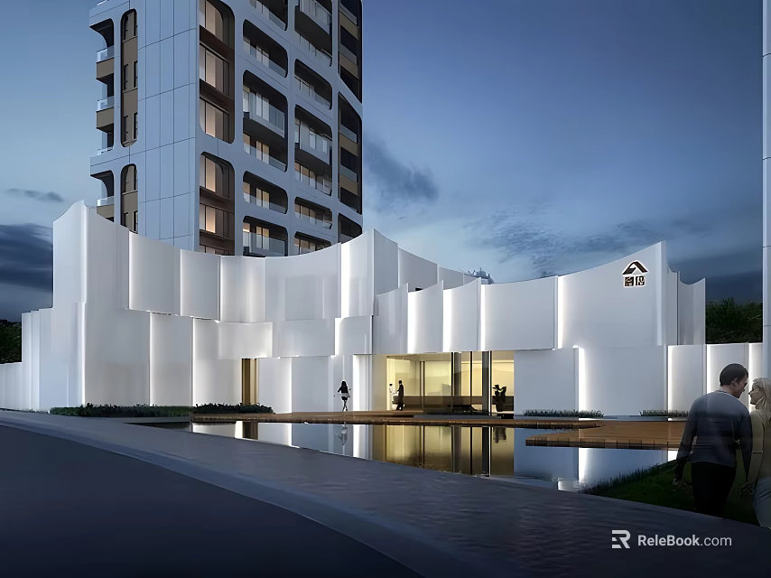 Modern White Sales Office Building With Unique Architectural Design And Night Lighting 3d model 