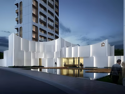 Modern White Sales Office Building With Unique Architectural Design And Night Lighting 3d model