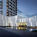 Modern White Sales Office Building With Unique Architectural Design And Night Lighting