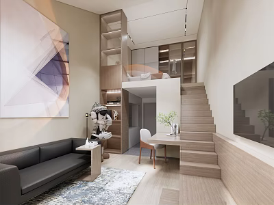 Modern Apartment Interior Design with Staircase Sofa Open Layout and Artwork 3d model