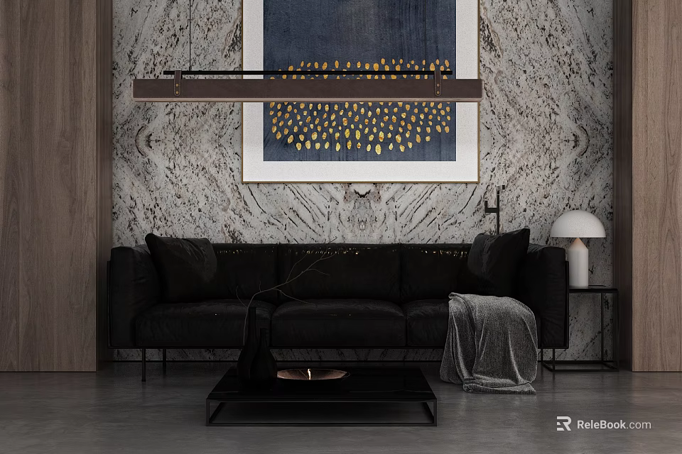 Black Three Seater Sofa In Modern Living Room With Coffee Table Patterned Wall And Artwork 3d model 