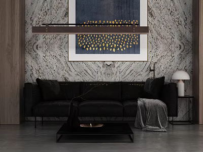 Black Three Seater Sofa In Modern Living Room With Coffee Table Patterned Wall And Artwork 3d model