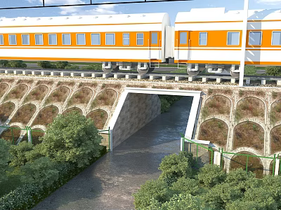 Railway Bridge Retaining Wall Structure With Drainage Openings And Green Plants 3d model