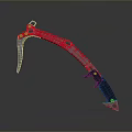 Unique Red And Black Curved Blade Weapon With Decorative Design And Metallic Parts