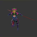 Woman in Red and Black Armor Running With Red Headpiece Holding Red Spear