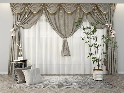 Elegant Grey Curtains With Golden Tassels And Sheer White Panels For Living Room 3d model