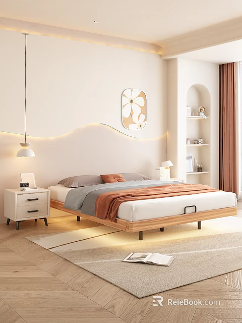 Modern Bedroom Wooden Frame Double Bed With Decorative Painting And LED Strip Lights 3d model 