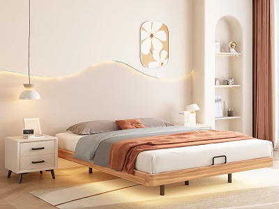 Modern Bedroom Wooden Frame Double Bed With Decorative Painting And LED Strip Lights 3d model