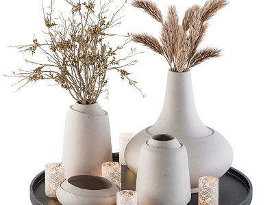 White Ceramic Vases With Dried Plants And Patterned Candles On Black Tray For Home Decor 3d model