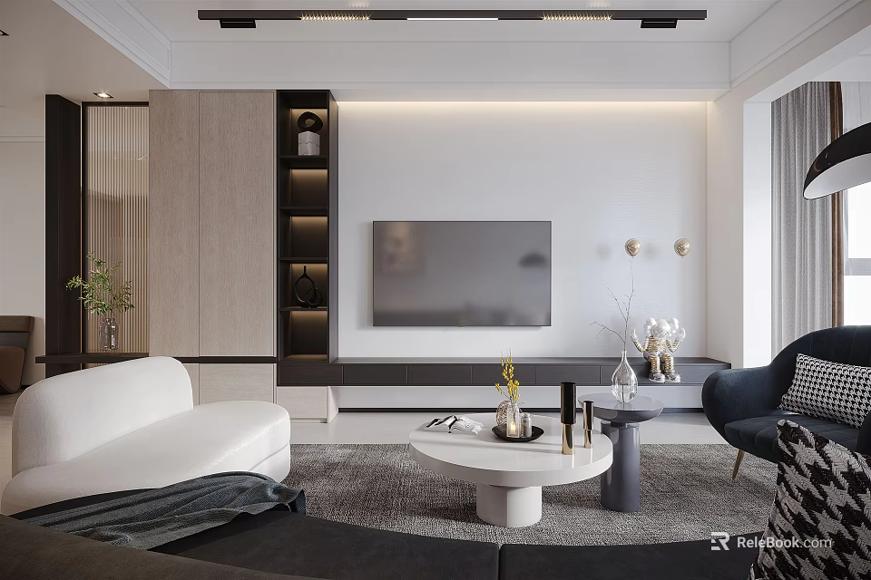 Modern Living Dining Room Interior Design With White Sofa Coffee Table And TV Cabinet 3d model 